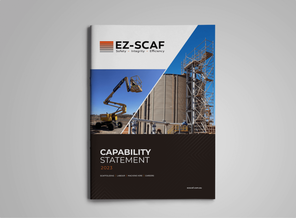 Capability statement front page design for construction business EZ-SCAFF.